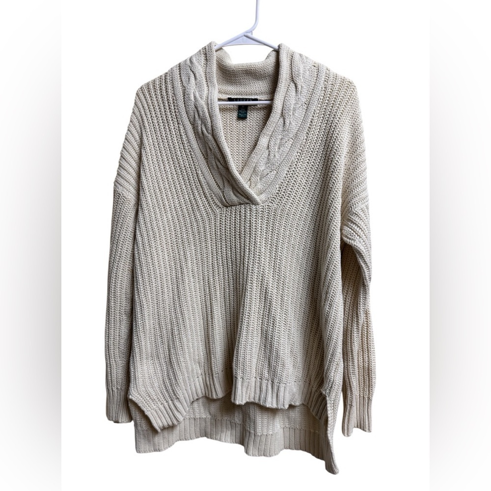 Lauren Ralph Lauren 100% Cotton Cable Knit Shawl Collar Sweater Women’s M Ivory